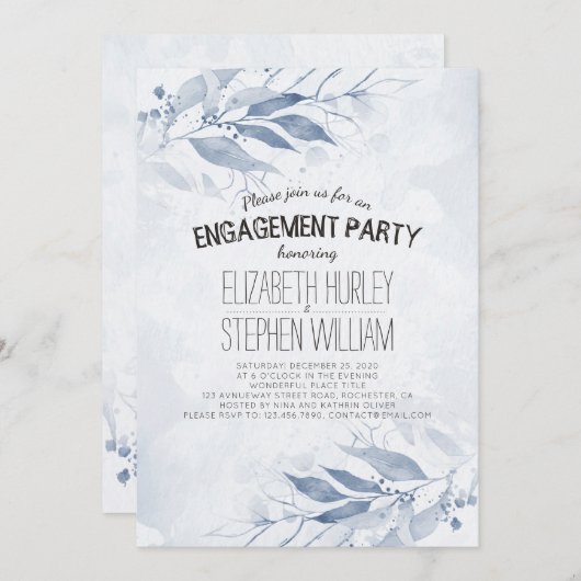 ブルーウォーター葉カラーフラワー婚約パーティ 招待状 (正面/裏面)