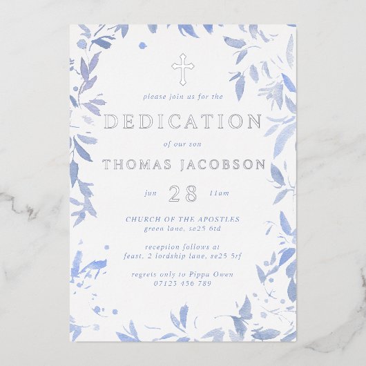 ブルーウォーター葉カラーベビー献身&バプテスマ 箔招待状 (正面)