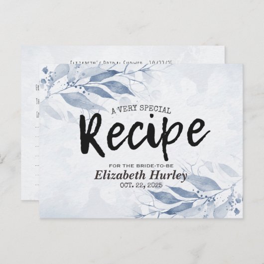 ブルーウォーター葉カラーモダンブライダルシャワーレシピ インビテーションポストカード (正面/裏面)