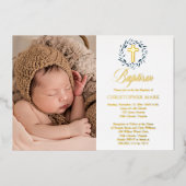 ブルーウォーター葉カラーリースボーイフォトバプテスマ 箔招待状 (正面)