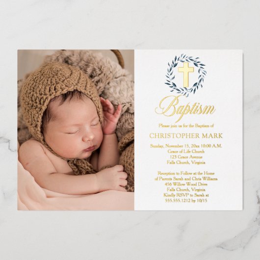 ブルーウォーター葉カラーリースボーイフォトバプテスマ 箔招待状 (正面)