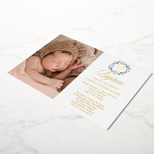 ブルーウォーター葉カラーリースボーイフォトバプテスマ 箔招待状 (回転した状態)