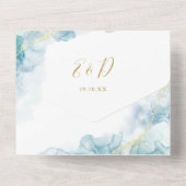 ブルーウォーター金ゴールドスクリプトハートQRコード結婚s オールインワン招待状 (裏面)