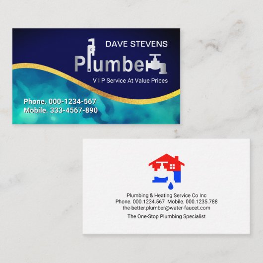 ブルーウォーター金ゴールド波の配管 名刺 (正面/裏面)