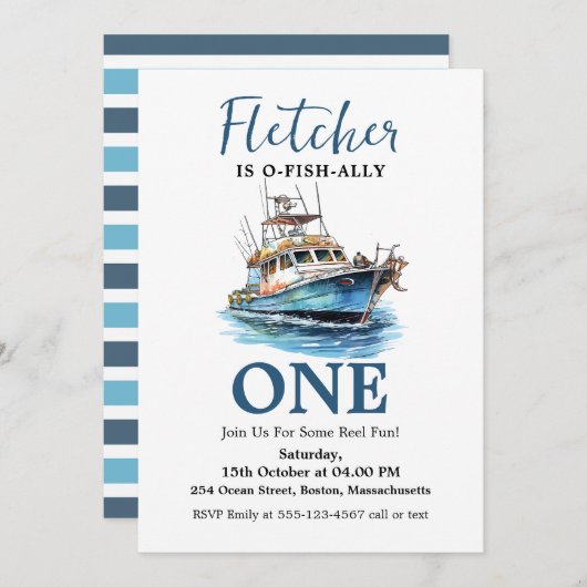 ブルーウォーター魚釣りベッセルファースト誕生日 招待状 (正面/裏面)