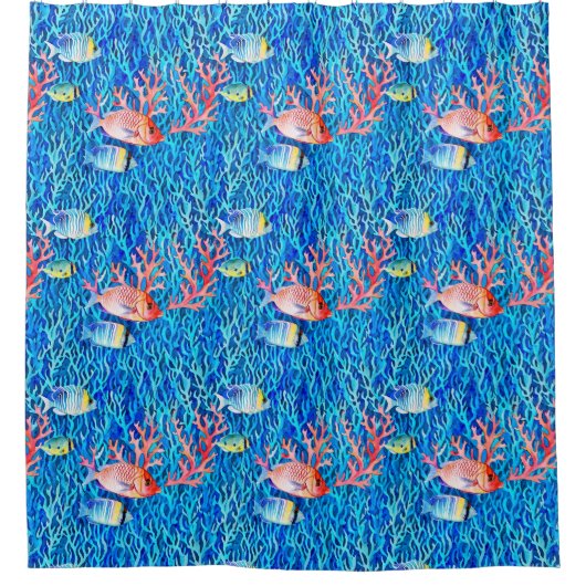 ブルーウォーター、魚とサンゴ大洋 シャワーカーテン (正面)