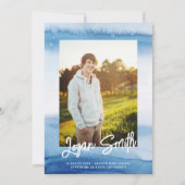 ブルーウォーモダンターカラースクリプト卒業写真 案内状 (正面)