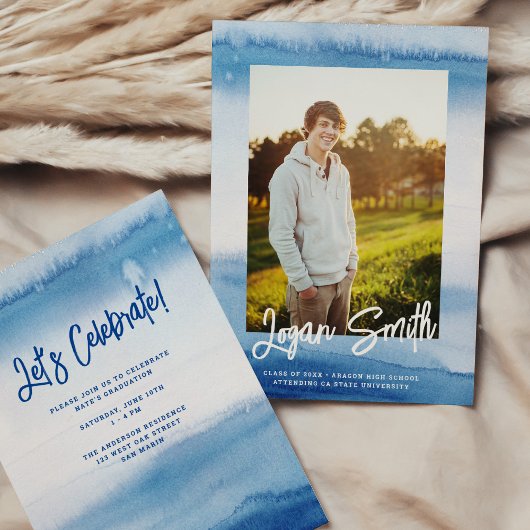 ブルーウォーモダンターカラースクリプト卒業写真 案内状