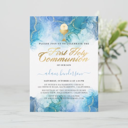 ブルーウォーモダンターカラーボーイファースト聖餐式 招待状 (スタンド正面)