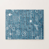 ブルーウォールに白い落書きモダン文字アート ジグソーパズル (横)