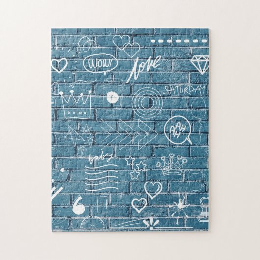 ブルーウォールに白い落書きモダン文字アート ジグソーパズル (縦)