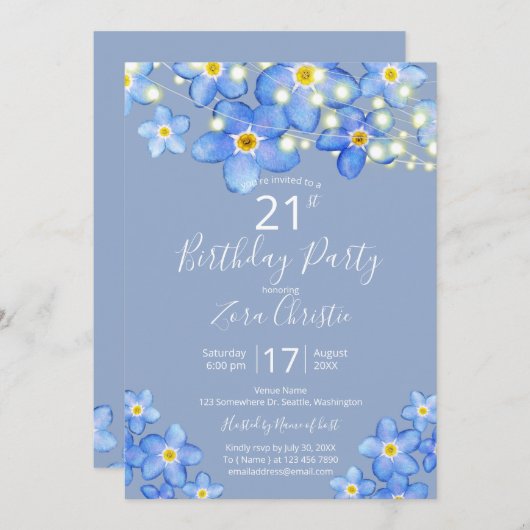 ブルーウォー忘れターカラー – Me-Nots 21歳の誕生日パーティー 招待状 (正面/裏面)