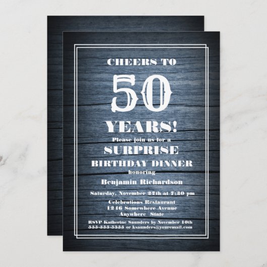 ブルーウッドサプライズ50th誕生日ディナーパーティー 招待状 (正面/裏面)