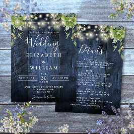 ブルーウッドストリングライトグリーンデザインウェディング 招待状