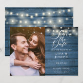 ブルーウッドストリングライトスクリプト写真ウェディング セーブザデート (正面/裏面)
