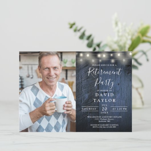 ブルーウッドストリングライトリタイアメントパーティー写真 招待状 (スタンド正面)