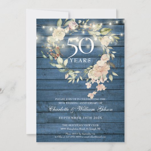 ブルーウッドストリングライト フローラル 50周年 招待状 (正面)