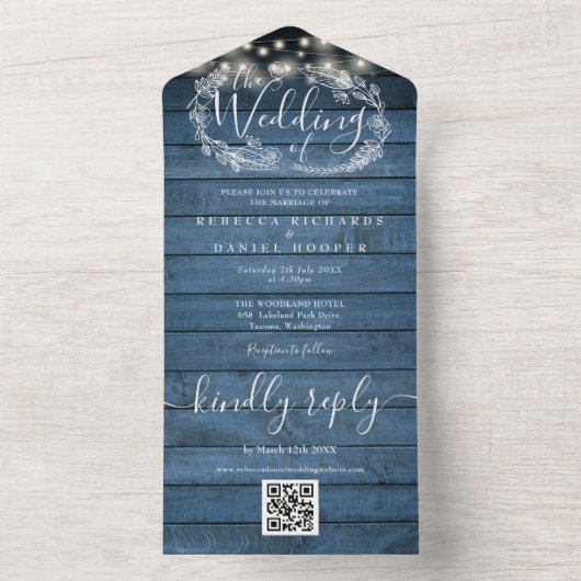 ブルーウッドストリングライトQRコードフローラ結婚 オールインワン招待状 (内側)