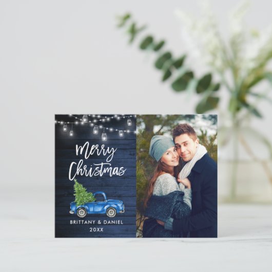 ブルーウッドブラシスクリプトトラックライトクリスマス ポストカード (スタンド正面)