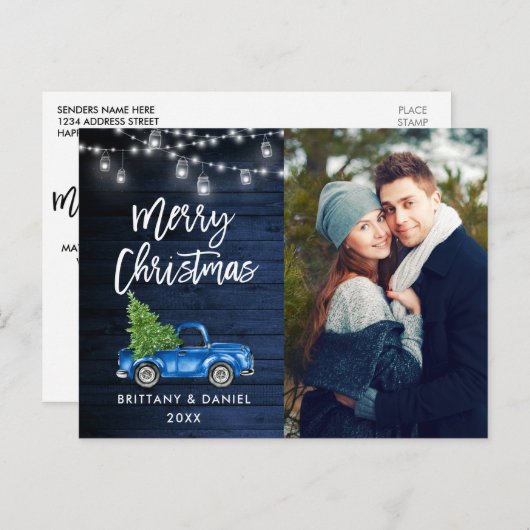 ブルーウッドブラシスクリプトトラックライトクリスマス ポストカード (正面/裏面)