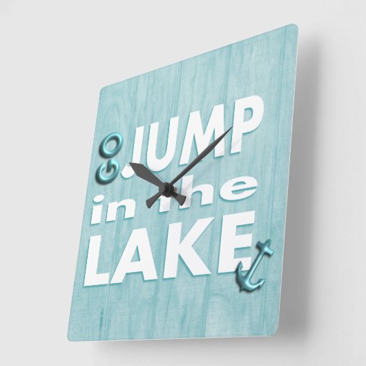 ブルーウッドプリント引用文"湖にジャンプ"クロック スクエア壁時計 (傾斜)
