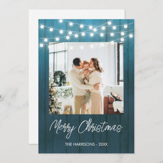 ブルーウッドプレートストリングライトフォトクリスマス シーズンカード (正面/裏面)