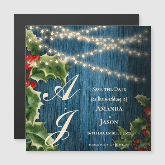 ブルーウッドモノグラムクリスマスウェディング日付を保存 マグネット招待状 (正面/裏面)