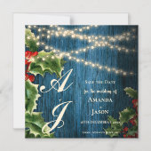 ブルーウッドモノグラムクリスマスウェディング日付を保存 マグネット招待状 (正面)