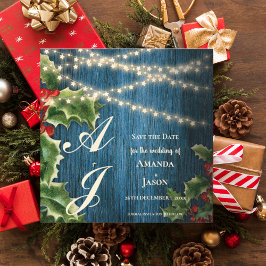 ブルーウッドモノグラムクリスマスウェディング日付を保存 マグネット招待状