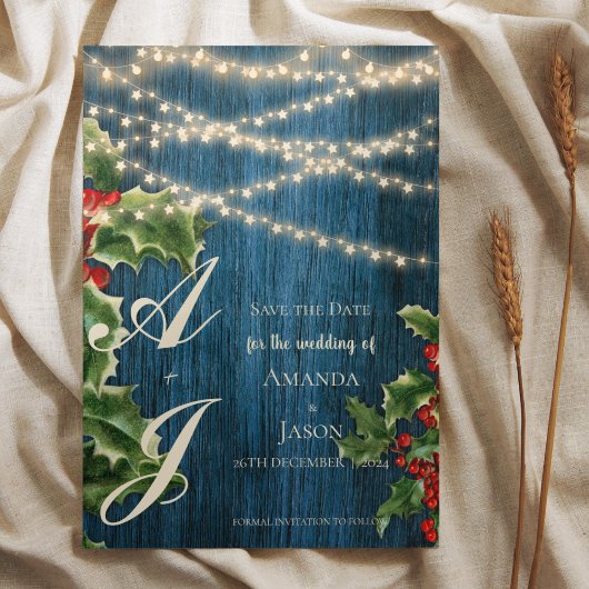 ブルーウッドモノグラムクリスマスウェディング日付を保存 案内ポストカード
