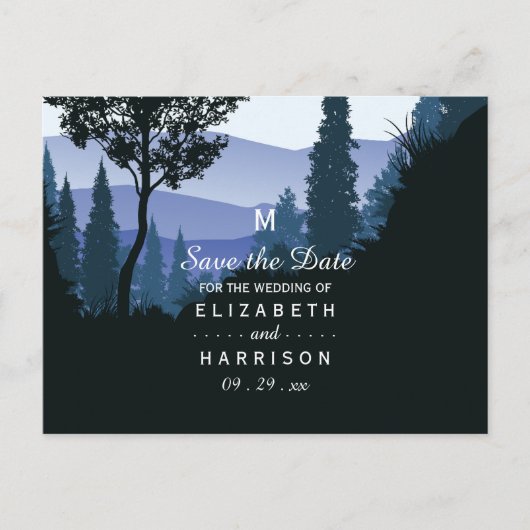 ブルーウッドランドの森、素朴結婚式の日付を保存 案内ポストカード (正面)