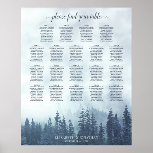 ブルーウッドランドパイン19テーブル結婚のシーティングチャート ポスター (正面)