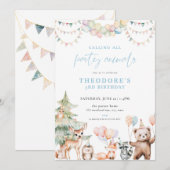 ブルーウッドランドパーティーアニマルズの誕生日パーティーへの招待状 招待状 (正面/裏面)