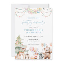 ブルーウッドランドパーティー動物誕生日招待状