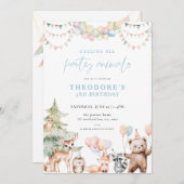 ブルーウッドランドパーティー動物誕生日招待状 招待状 (正面/裏面)