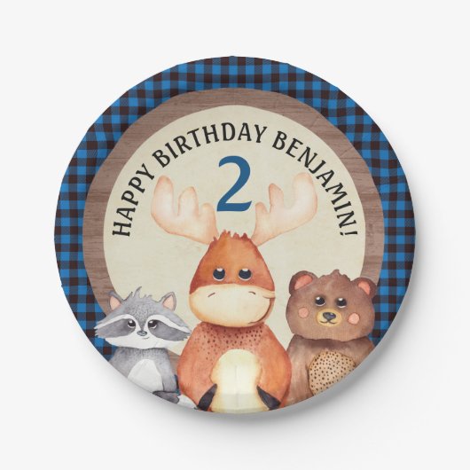 ブルーウッドランドランバージャック誕生日プレート ペーパープレート (正面)