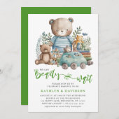 ブルーウッドランド動物玩具かわいいスクリプト赤ちゃんシャワー 招待状 (正面/裏面)