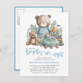ブルーウッドランド我々はほとんど少年の赤ちゃんシャワーを待つことができない インビテーションポストカード (正面/裏面)