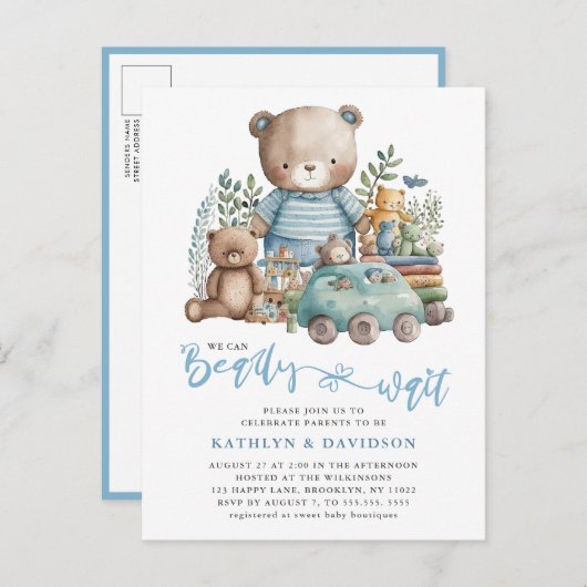 ブルーウッドランド我々はほとんど少年の赤ちゃんシャワーを待つことができない インビテーションポストカード (正面/裏面)