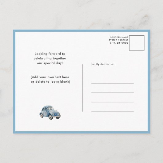 ブルーウッドランド我々はほとんど少年の赤ちゃんシャワーを待つことができない インビテーションポストカード (裏面)