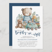 ブルーウッドランド我々はほとんど少年の赤ちゃんシャワーを待つことができない 招待状 (正面/裏面)