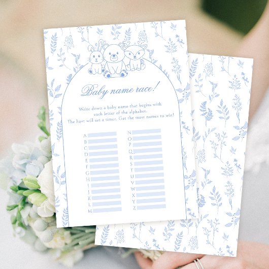 ブルーウッドランド男の赤ちゃんシャワーネームレースゲームカード 招待状