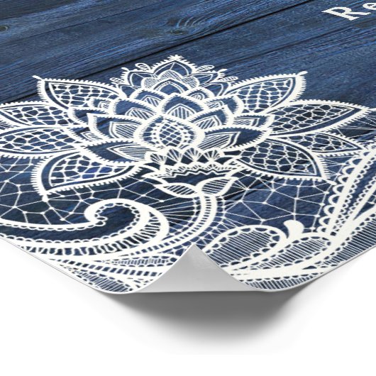 ブルーウッドレース素朴ホワイトフラワーウェルカムサイン ポスター (角)