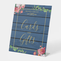 ブルーウッドヴィンテージバラ&金ゴールドウェディングカードギフト