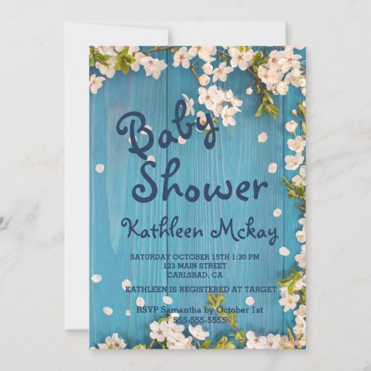 ブルーウッド素朴さくらんぼブロッサム春ベビーシャワー 招待状 (正面)