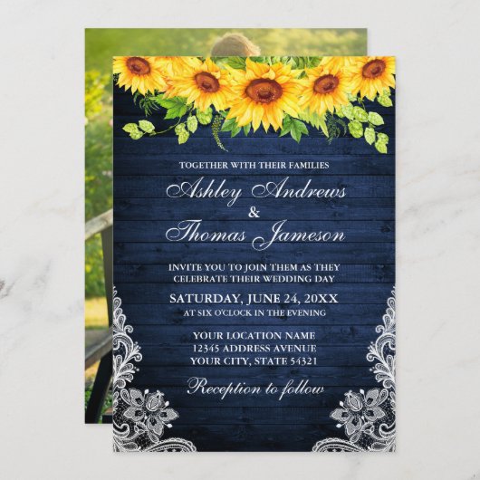ブルーウッド素朴ひまわりフローラレース写真 招待状 (正面/裏面)