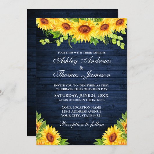 ブルーウッド素朴ひまわりフローラ緑 招待状 (正面/裏面)