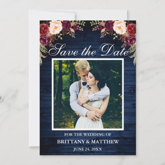 ブルーウッド素朴ウォーターカラーバーガンディフローラ セーブザデート (正面)