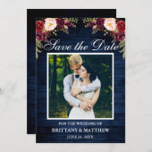 ブルーウッド素朴ウォーターカラーバーガンディフローラ セーブザデート (正面/裏面)