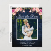 ブルーウッド素朴ピンクフローラ日付写真を保存 案内ポストカード (正面/裏面)